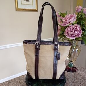 Coach HAMPTON Tan Suede Brown Leather Trimmed Tote F12622
